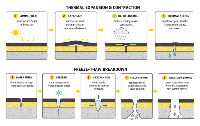 Diagram showing thermal expansion and freeze-thaw breakdown on low-slope commercial roofs