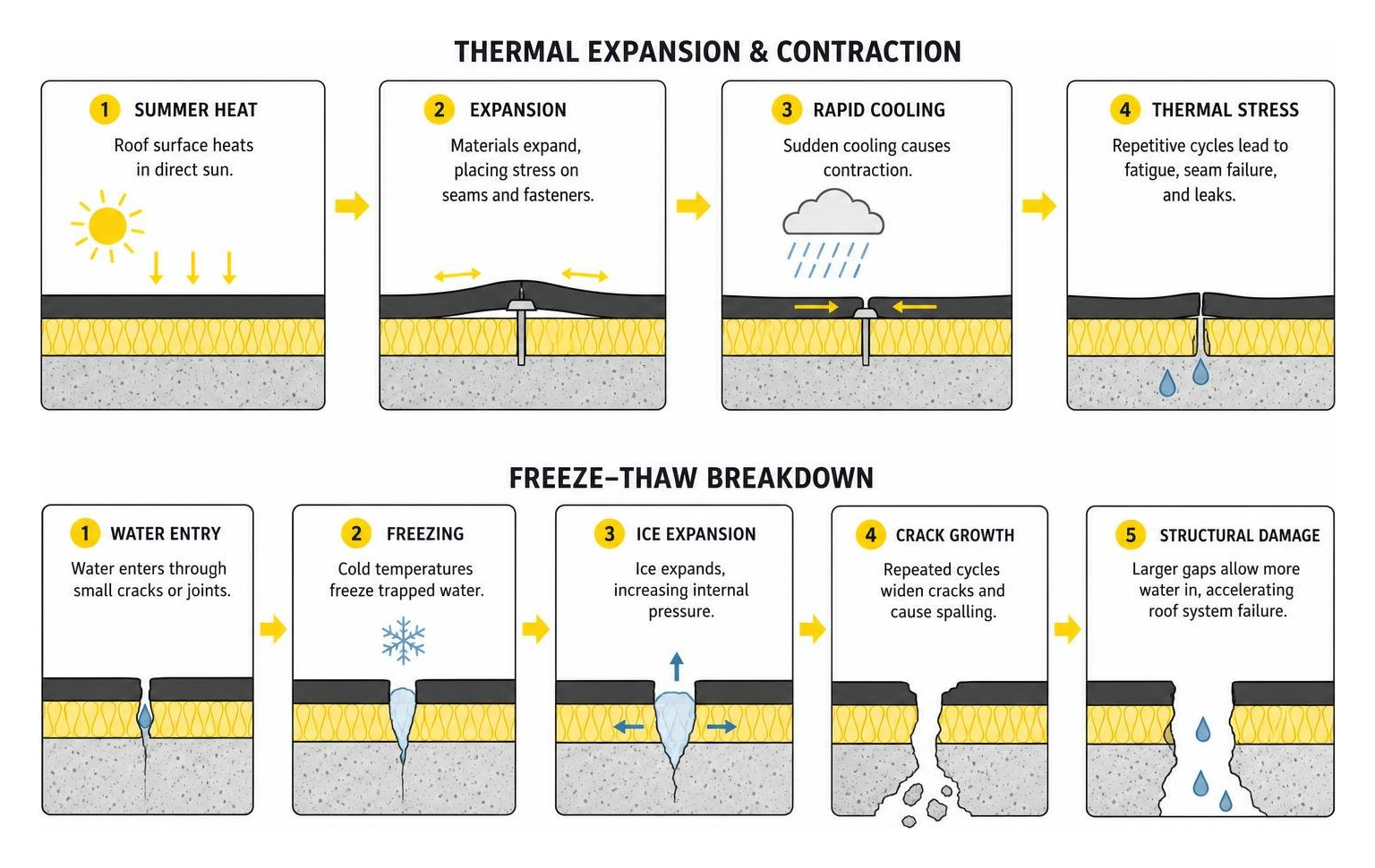 Diagram showing thermal expansion and freeze-thaw breakdown on low-slope commercial roofs